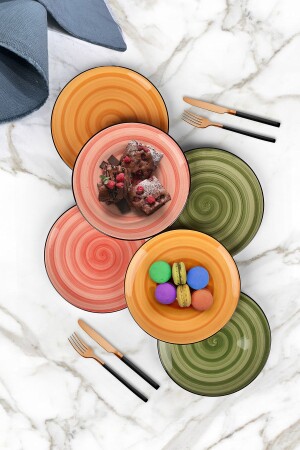 Gusto 6 Piece Cake Plate Set Colorful 19cm HandMade Cake Plate - ŞURAMUTFAK