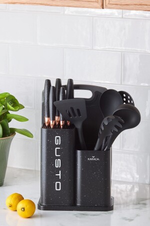 Gusto Black 12 Piece Knife Serving Cutting Board Set - Karaca