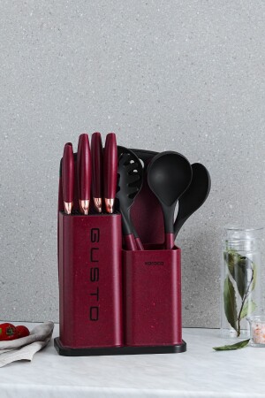 (MNZ-Gusto Claret Red 12 Piece Knife/Cutting Board Set 153. 03. 08. 2616) - Karaca