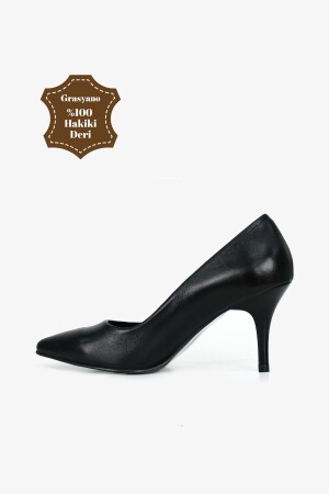 Hakiki Deri Siyah Sivri Burun Premium Yumuşak Deriden Sade Comfort 7-5 Cm Ince Topuklu Stiletto - Grasyano