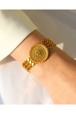 Half Gold Three Row Sequin Gold Bracelet with Dorica Frame - Karadeniz Kuyumculuk