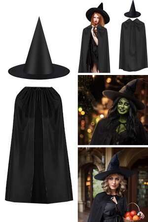 Halloween Cadı Şapkası Siyah Düz Pelerin Seti- Cadılar Bayramı Cadı Parti Kostüm Çoçuk Ve Yetişkin - Parti Dolabı