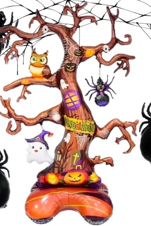 Halloween Örümcek Balkabağı Temalı Korkunç Ağaç Folyo Balon- Cadılar Bayramı Ayaklı Balon 150x100cm - Parti Dolabı
