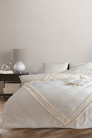 Ham Keten Baklava Desen Ponponlu Çift Kişilik Nevresim Takımı HBDNVT-2 - NDC HOME