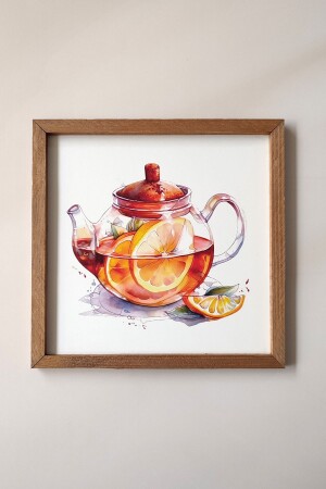 Hand Drawn Watercolor Effect Herbal Tea with Wooden Frame - Decorative Kitchen Painting - Wooden Factory