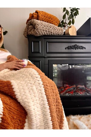 Hand Knitted Fireplace and TV Blanket Plain Knitted White Cinnamon 100 x 170 cm - Missworble