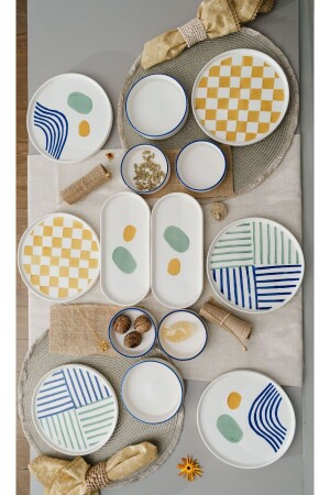 Hand Made 14 Piece Modern Breakfast Set for 6 People - Luxury Breakfast Presentation Plate Set Modern Breakfast Set - Kevin Seramik