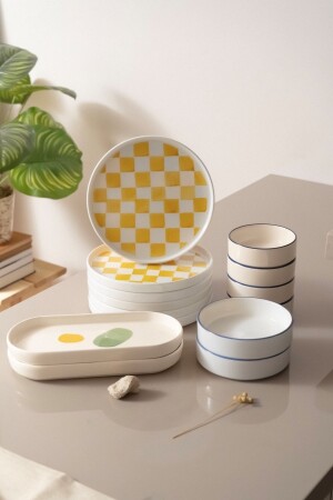 Hand Made 14 Piece Modern Breakfast Set for 6 Persons & Luxury Presentation Serving Plates - Kevin Seramik