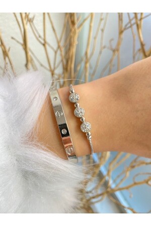 Handcuff & Triple Stone Elevator Silver Color 2-Piece Combination Bracelet Set Does Not Fade Color - Jackferrero