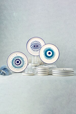 Handgefertigtes 18-teiliges stapelbares Frühstücksset mit Evil Eye-Perlen und luxuriösem Teeservice für 6 Personen altilinazar - Kevin Seramik