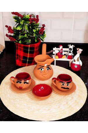 Handgefertigtes Emoji-Kaffeetassen-Set aus Ton + Emoji-Kaffeekanne mit Emojilice und Kaffeekanne - HerşeyTopraktan