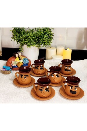 Handgefertigtes Kaffeetassen-Set aus Ton mit Emoji-Ausdrücken 6liktesik1 - HerşeyTopraktan