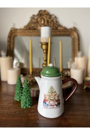 Handmade Ceramic Jug with Lid - Winter Themed Rabbit Family Green SURAHI203 - Handmadesign