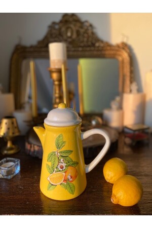 Handmade Ceramic Jug with Lid - Yellow SURAHI215 with Lemon Leaf Branches - Handmadesign