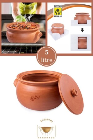 Handmade Clay Casserole Pot with Lid Medium Size Lined 5 Liters (In Special Unbreakable Foam Packaging) - Elizi