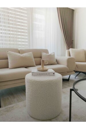 Handmade Off-White Tedy Fabric Cylinder Decorative Pouf Bench - Webpanya