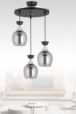 Hängelampentablett, 3-teilig, schwarze Glasglocke mit Rauchglas und Chromstreifen, moderner Kronleuchter AK00062 - Kraliçe