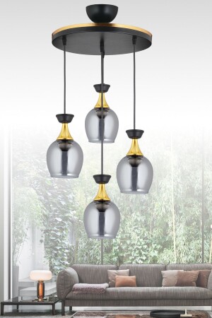Hängelampentablett, 4-teilig, schwarze Glasglocke mit Rauchglas und gelbem Streifen, moderner Kronleuchter AK00059 - Kraliçe