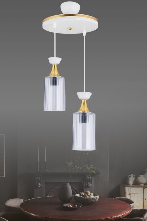 Hängelampentablett Weißer 2-teiliger moderner Kronleuchter aus Glimmer-Rauchglas mit gelbem Streifen AK00065 - Kraliçe