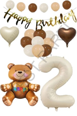 Happy Birthday-Banner, sitzender Bär – beige Zahl – Herzfolie und Latexballon-Set, Alter 2 - Best Parti Doğum Günü Parti Süsleri