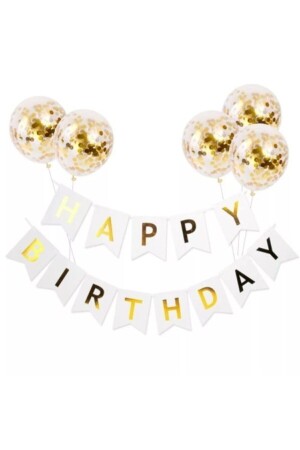 Happy Birthday White Foil Banner Transparent Balloon Set with Text Confetti - Deniz Party Store