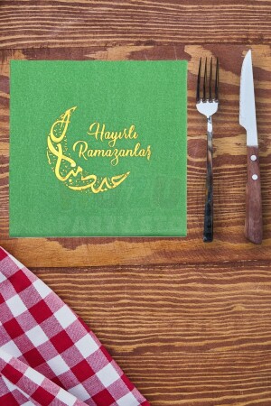Happy Ramadan Green Gold Gilded Napkin 16 Pieces 16x16 Cm Gold Leaf Ramadan Eid Religious Ornament - Huzur Party Store