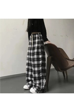 Harajuku Kare Ekose Desenli Siyah Unisex Rahat Kesim Pijama Eşofman Altı - Violon