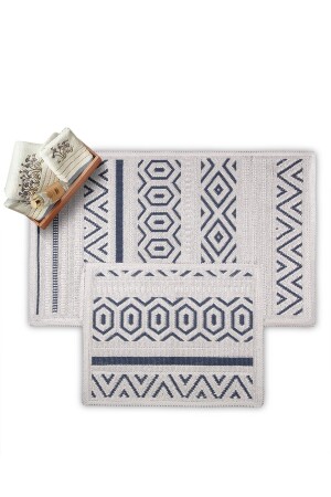 Hat Natural Cotton Bath Mat Set of 2 60x100 50x60 Cm - Navy Blue - Bluenity