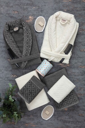 Hayal 12 Piece Boxed Jacquard Bathrobe Set Bathrobe Towel & Towel Set Bathroom Dowry Set - Güvenal
