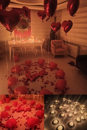 Heart Candle - Love And Heart Balloon - Rose Petal - Tealight Candle Decoration - Valentine's Day - Marriage Proposal - Parti Dolabı