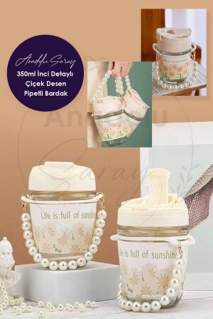 Heat Resistant Borosilicate Pearl Detailed Flower Pattern Glass with Straw | . Detail. Glass - Anadolu Saray Çarşısı
