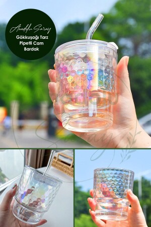 Heat Resistant Borosilicate Rainbow Style Cup with Straw Rainbow Coffee Presentation Cup - 1 Piece - Anadolu Saray Çarşısı