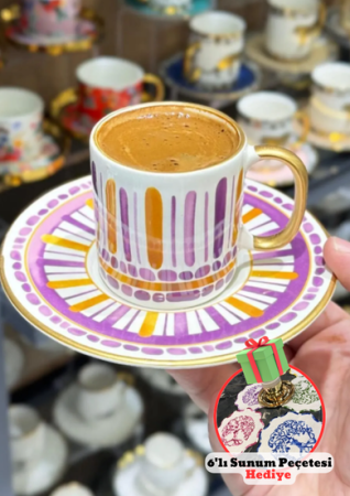 Hediyeli Ürün One Dekor 6'lı Royal Purple Lüks Kahve Fincanı&Bonny Home Multicolor 6'lı Kokteyl Kahve Sunum Peçetesi Maraş Işi Sırma Nakış Işlemeli Gardenya Sunumluk - One Dekor