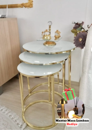 Hediyeli Ürün Yagmurshopp Yagmur 3’lü Zigon Sehpa Takımı Beyaz Gold&Aron Girişim Dekoratif Metal Gold Mantar Kablosuz Masa Lambası - Yagmurshopp