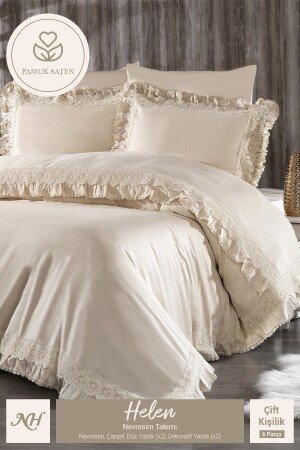 Helen Bio-Spitzen-Baumwollsatin-Doppelbettbezug-Set - Nazik Home