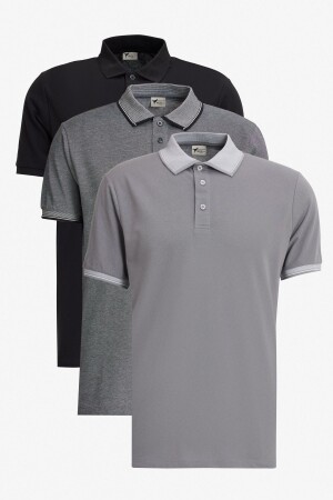 Herren-T-Shirt aus schrumpffester Baumwolle in Schwarz-Hellschwarz-Grau mit schmaler Passform und schmalem Schnitt, 3-teilig - Ac&Co / Altınyıldız Classics
