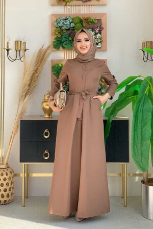 Hidden Button Detailed Waist Belted Jumpsuit 3676 Brown - Bym Fashion