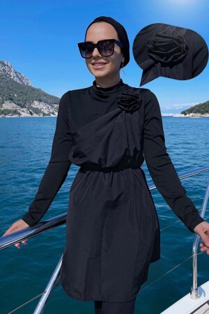 Hijab-Badeanzug mit Rosendetail – Schwarz - Ka Hijab