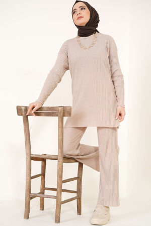 Hijab Corded Long Sleeve Top-Bottom Two-piece Suit Blouse Trousers - Ekogiyim