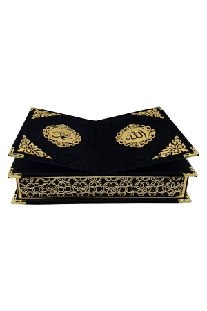 Holy Quran Set with Special Mica Decorated, Fully Covered with Velvet, Gift Rahle Box - Black - Ayfa Basın Yayın