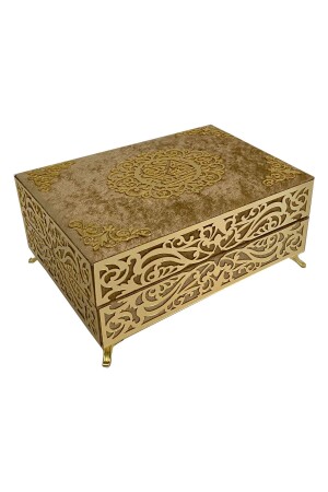 Holy Quran Set with Special Mica Decoration, Fully Covered in Velvet, Luxury Gift Box - Gold - Birbaşkahediyem