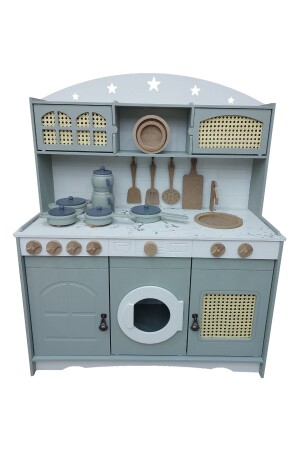 Holzbemalte Spielzeugküche und Set aus Teekanne, Töpfen und Pfannen (mit 1 LED-Beleuchtung als Geschenk) HDF72522003660771PZLM - Hedef Ahşap