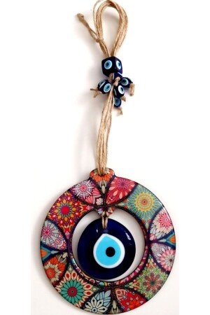 Hölzernes Mandala-gemustertes Tür-, Wand- und Gartenornament-Amulett mit Glasperle des bösen Blicks in der Mitte Mix50566 - Mixperi