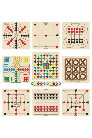 Holzspielset 9 Teile, Springen und Sammeln + wütender Bruder + Dame + 3 Steine ​​+ 9 Steine ​​+ 12 Steine ​​+ Bihar + Surakarta + Tic-Tac-Toe Eticset254 - Ahtek