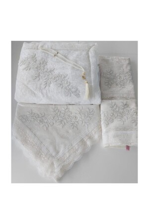 Home Ecru Cream Velvet Prayer Rug Set 5 Piece Dowry Bundle Bridal Set Prayer Rug Set - Lamazi