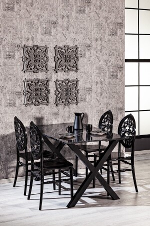 Home Maxima Marble Patterned / Venus Chair Kitchen Table Set - Black - Mobetto