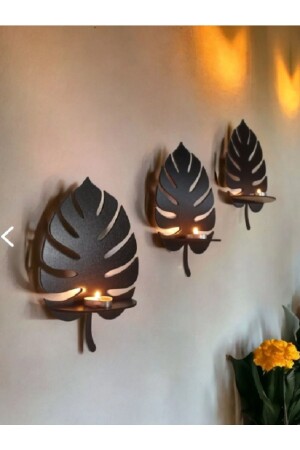 Home Office Wall Decoration Set of 3 Leaf Candle Holders Wooden Wall Decorative Accessory - Softclass