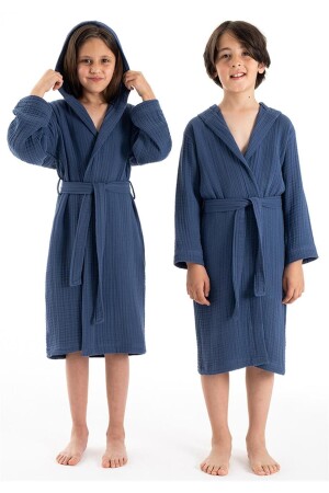 Hooded 4 Layer Muslin Children's Bathrobe Navy Blue - Denizli Concept