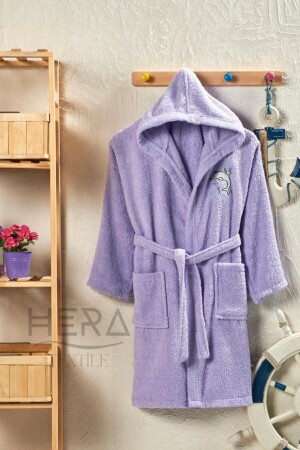Hooded and Belted Lilac Cotton Boys-Girls Young Children's Bathrobe - Hera