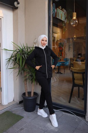 ?Hooded Pocket Detailed Tracksuit Set BRC1602 Black - Burcu Tesettür